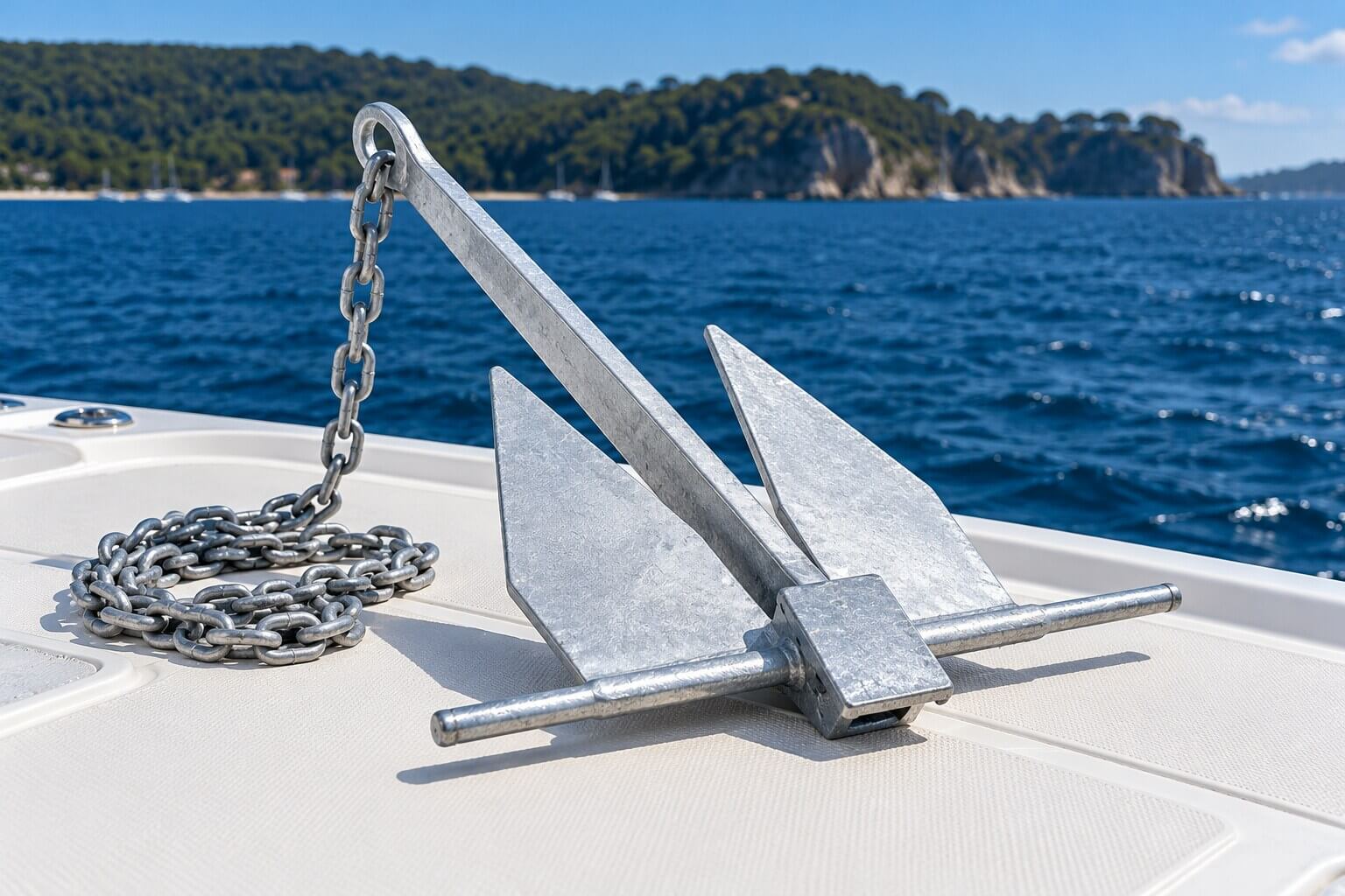 Galvanised fluke anchor and chain on a boat deck beside blue harbour water