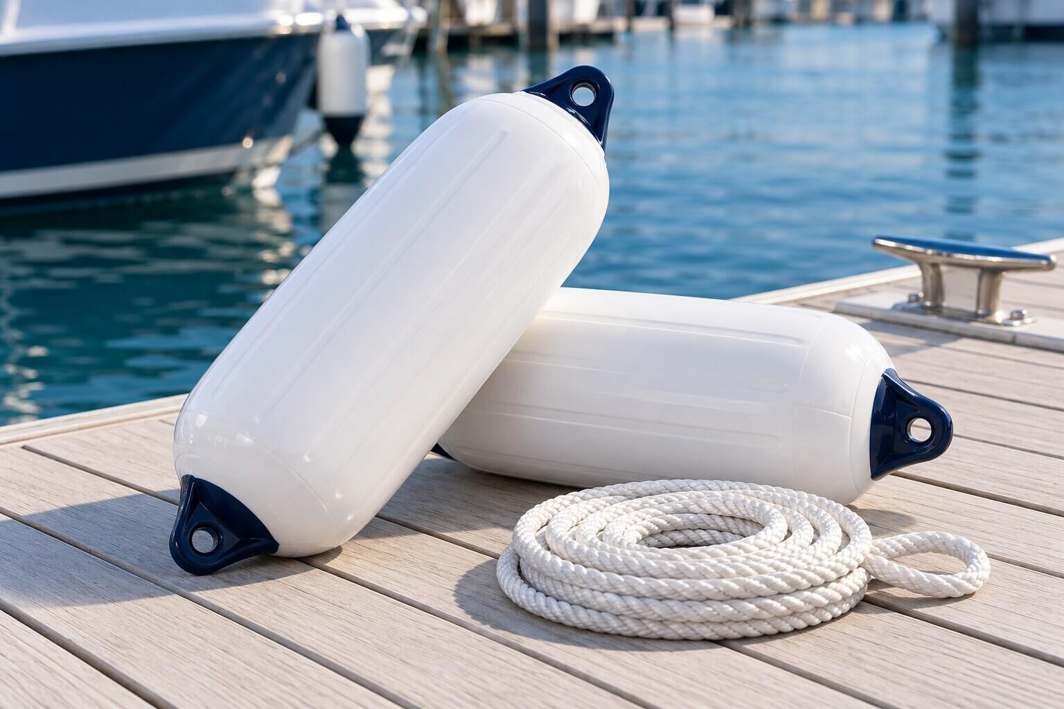White boat fenders with navy ends and coiled white mooring rope beside a marina