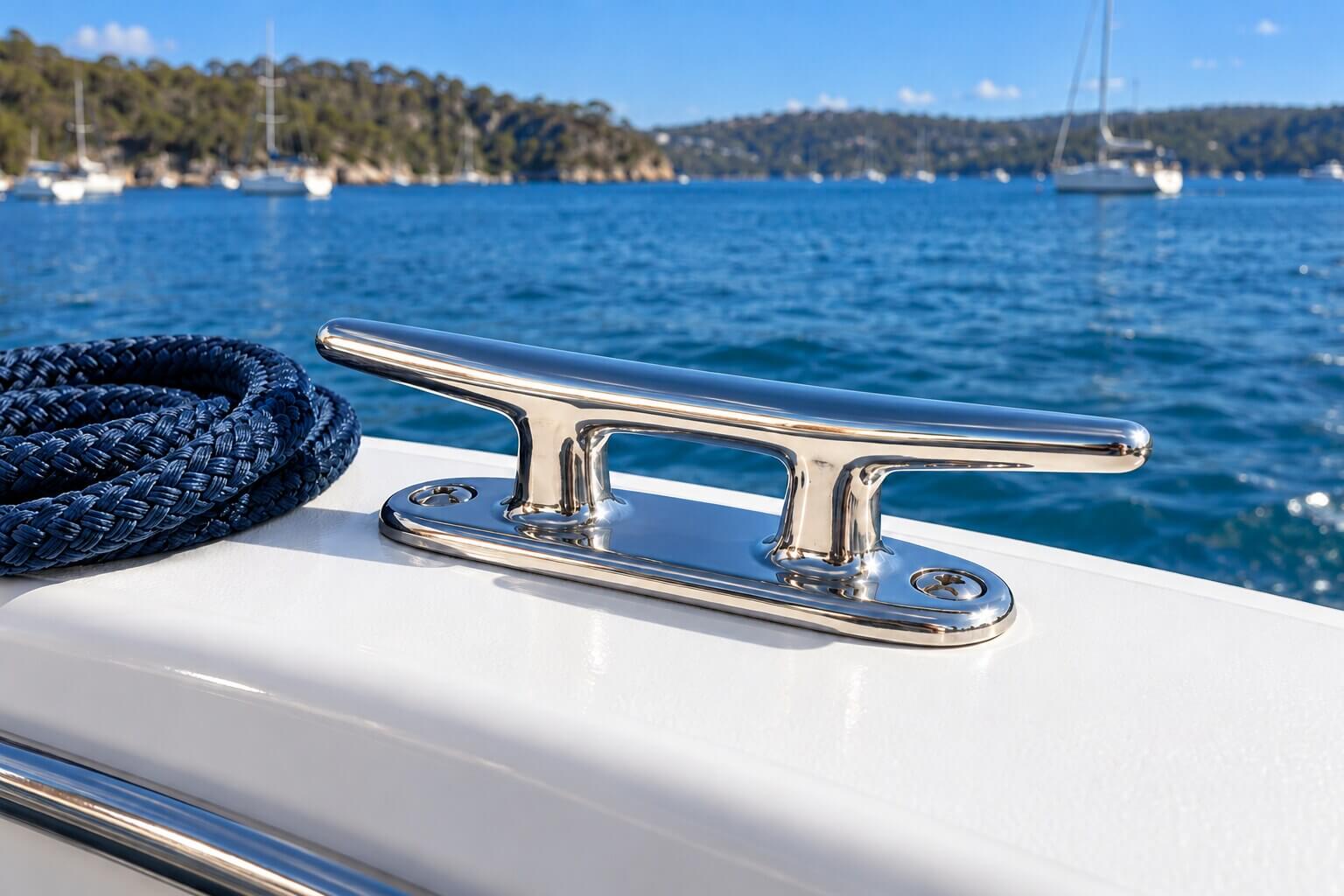 Polished stainless steel mooring cleat and navy rope on a white boat gunwale